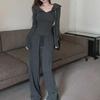 Women's Solid Color Zipper Hooded Cardigan Sweater Two-Piece Suit for Autumn/Winter Casual Fashion.
