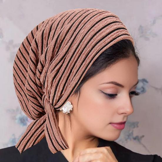 Women Headscarf Hat Striped Print Lace-up Turban Hat Hair Loss Chemotherapy Headwear Full Coverage Head Wrap