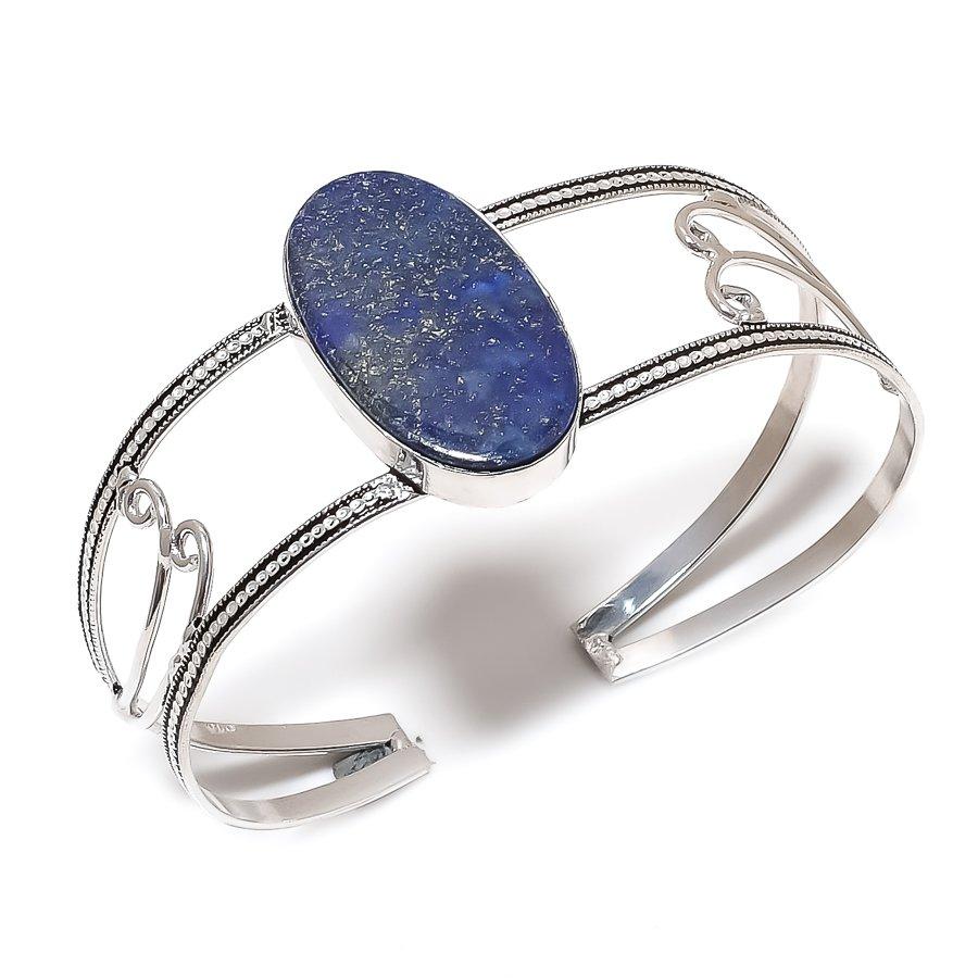 Натуральный Лазурит Драгоценный Камень 925 Стерлинговое Серебро Манжета Браслет Регулируемый S0r47