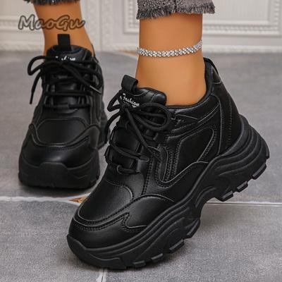 Модные черно-белые кроссовки на массивной платформе для женщин 2025 осень, повседневная обувь на толстой подошве, женские кроссовки из ПУ кожи, увеличивающие рост42