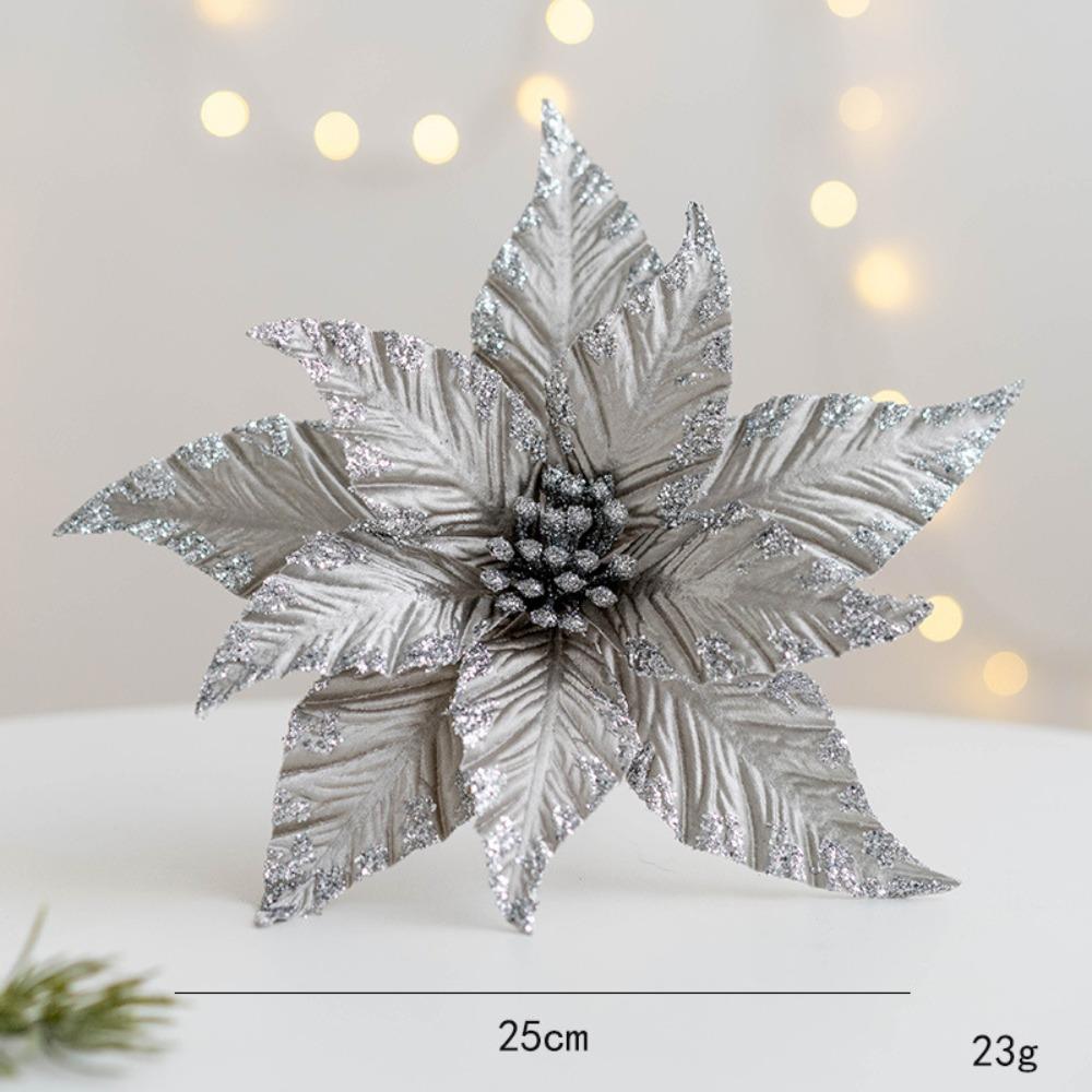 New Fabric Plastic Christmas Artificial Flowers 25cm DIY Decoration Fake Flower Ornaments Glitter Poinsettia Xmas