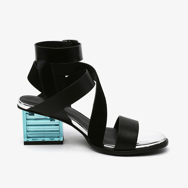 2024 Новые женские сандалии-гладиаторы, разноцветные, с перекрестными ремешками, прозрачный квадратный каблук, узкие ремни из натуральной кожи, женские сандалии