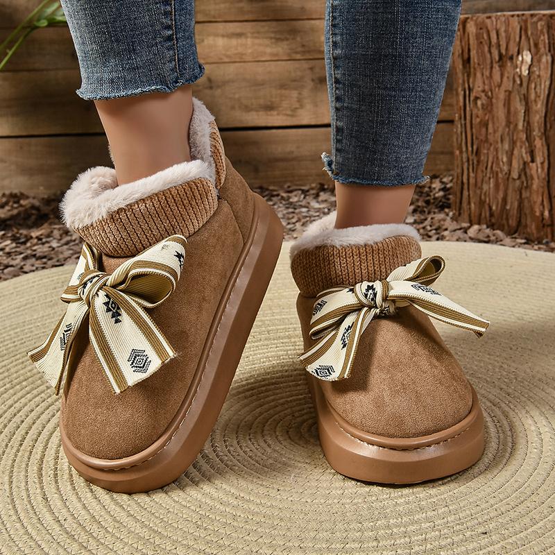 Модные зимние сапоги из искусственной замши и хлопка, женские домашние шерстяные ботильоны с бантом 2024 года, новые теплые короткие сапоги на толстой подошве в стиле принцессы