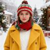 2Pcs/Set Winter Hat Scarf Set Knitting Technology Nordic Style Snowflake Pine Tree Pattern Fur Ball Hat Wide Scarf Set
