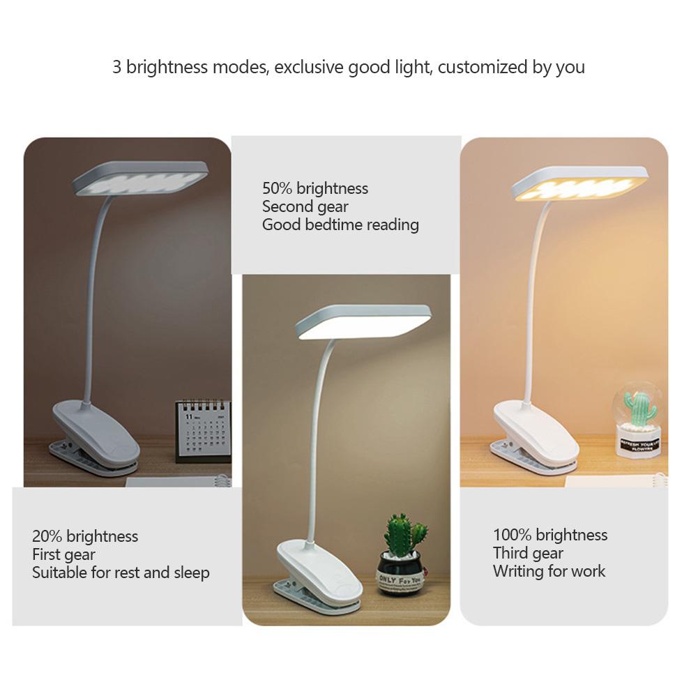 Светодиодная настольная лампа с защитой глаз и зажимом, перезаряжаемая через USB, 360°, гибкая настольная лампа для чтения в спальне, ночник