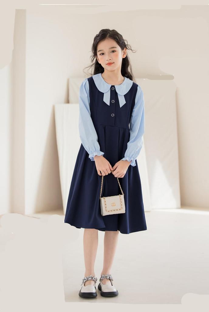 DiiFoky Long Sleeve Dress with Layered Look and Round Perfect for School Entrance and Everyday Wear Size Kids' Collar, Recitals, Ceremonies, (Navy,