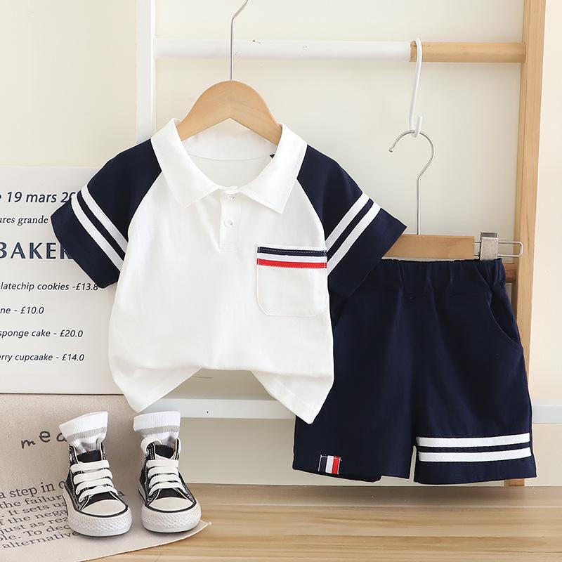 “2025 New Style Boys' Summer Two-Piece Set: Lapel Stripe Short Sleeve"