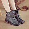 Women'S Shoes First-layer Leather Flat Soft Soled Ankle Boots, Ethnic Style Genuine Leather Retro Shoes with Round Toe, Zipper Closure, Fabric Lining
