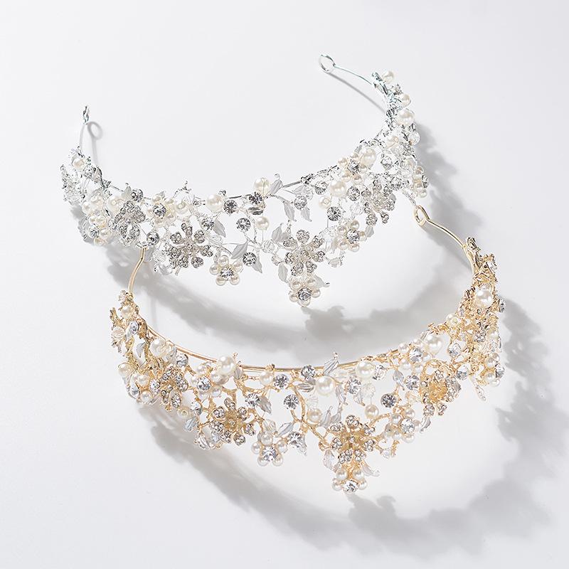 Flower Embellished Diamond Bridal Crown Handmade Beaded Pearl Tiara Wedding Dress Accessories