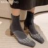 Bead Crystal Women Ankle Boots Suede Square Toe Fashion Mid Heels Winter Shoes 2025 Trend Chunky Pumps Designer Botas De Mujer