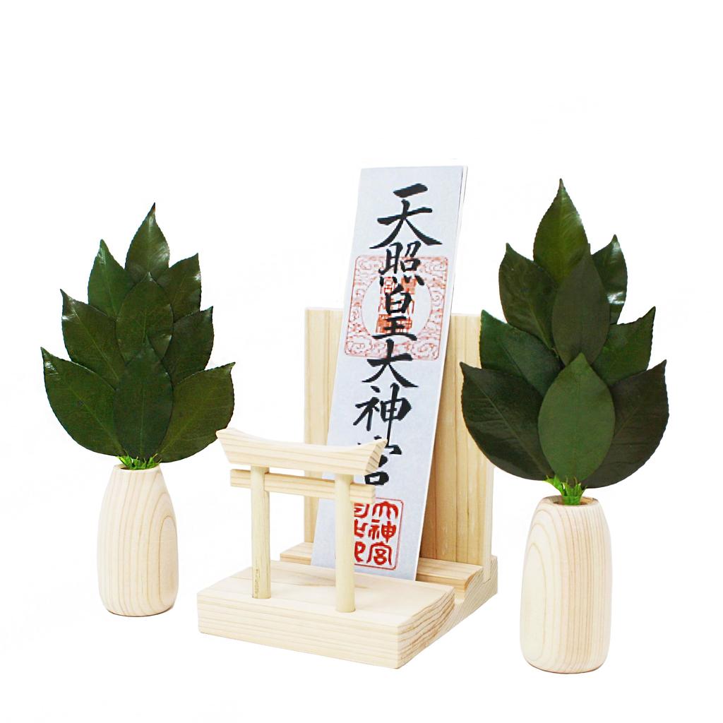 Mini S Sakaki Round Stand with Torii Gate, Shinto Shrine Set, Handcrafted by Artisans, Includes Torii Gate, Ofuda Holder, Shinto Shrine, Sakaki,
