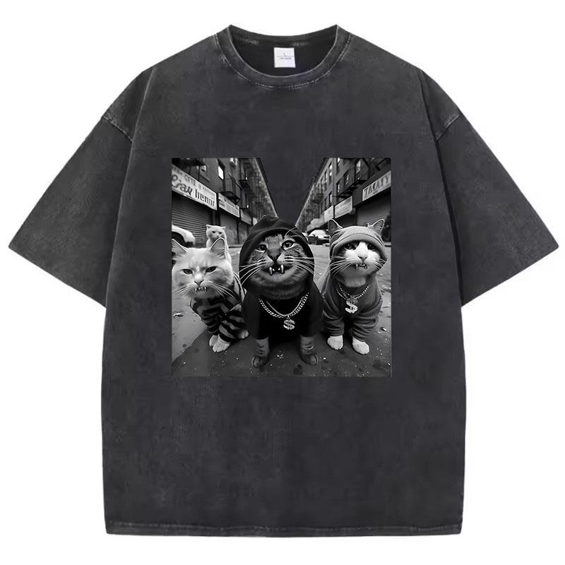 Уличная футболка с кошкой в стиле хип-хоп Винтажная стираная хлопковая футболка Графическая футболка Повседневная уличная одежда Весенняя летняя футболка