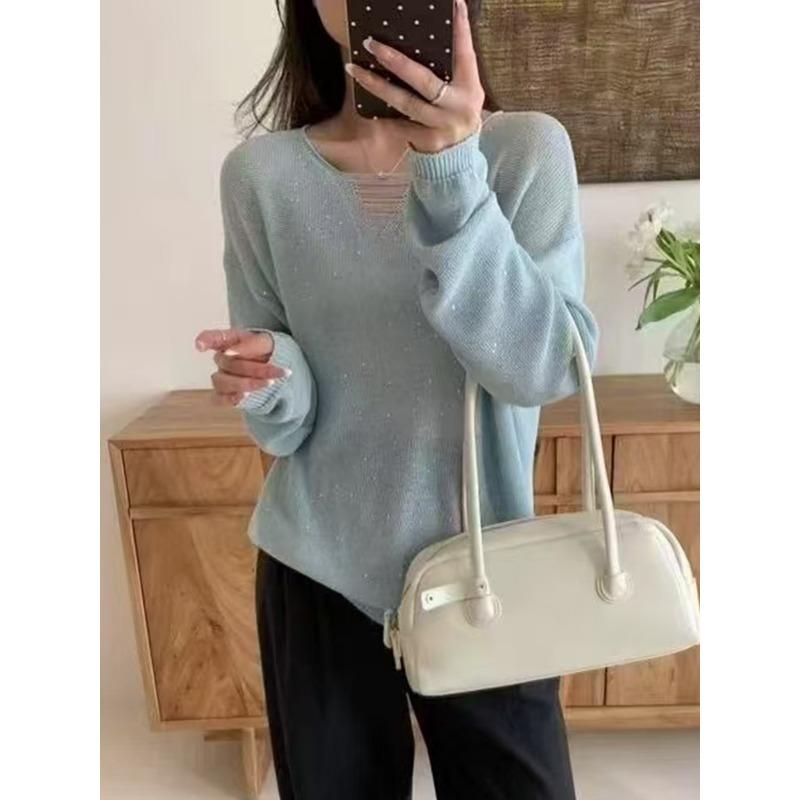 Hollow Sequined Thin Knitted Sweater Women's Summer New Loose Long-sleeved Versatile Sunscreen Blouse Top