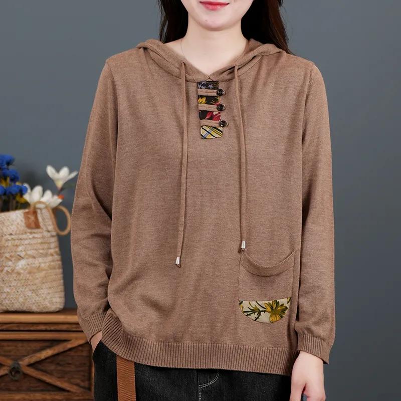 Retro Cotton Long-sleeved Sweater Women's Spring and Autumn Hooded Sweater Loose Sweater