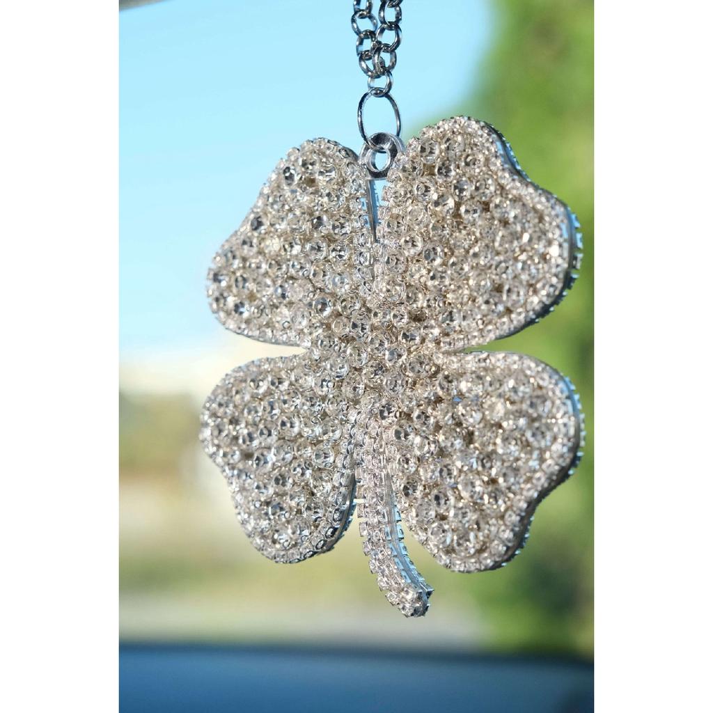 Silver Clover Full Stone Rearview Mirror Ornament