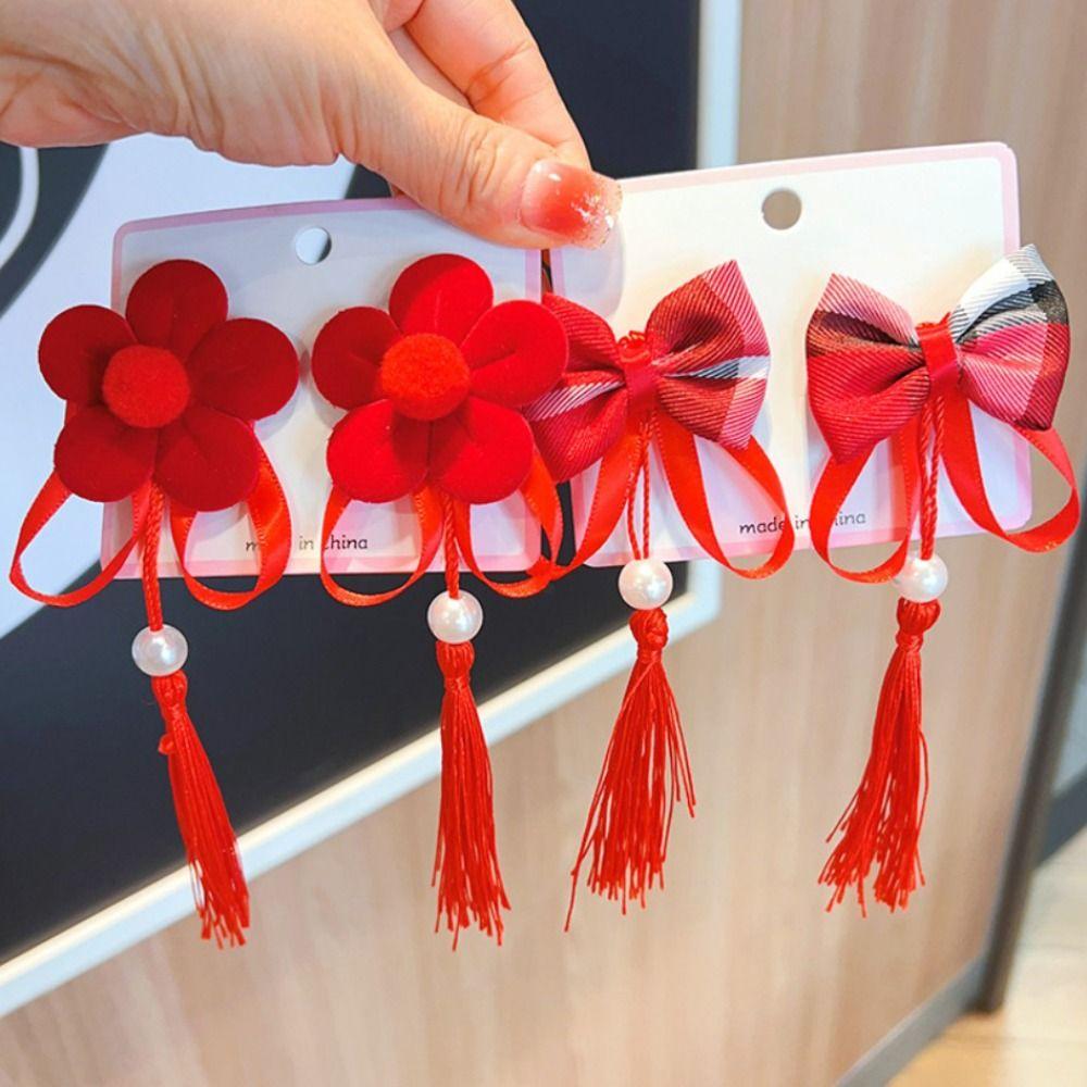 2 шт., заколка для волос в китайском стиле с красным бантом, головной убор ханьфу, новогодняя заколка сбоку, детская заколка для волос