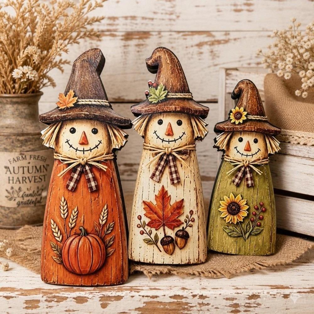 Rustic Witch Cat Decor Double Side Desktop Decoration Wooden Halloween Figurine Indoor Decor