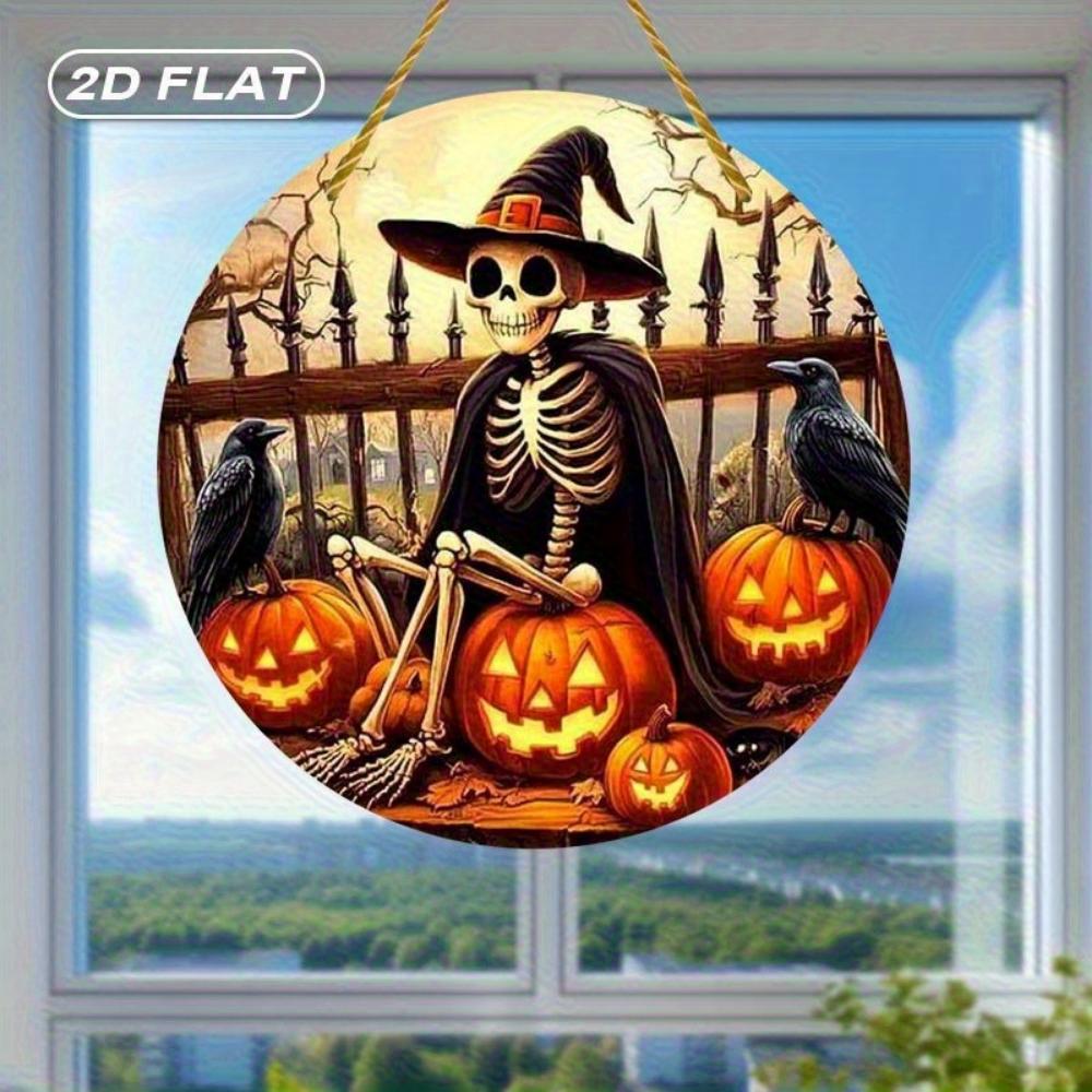 2D Flat Acrylic Halloween Decoration - Witch Hat Skull and Pumpkin Crow Design, Scary Window Decoration for Home, Bar, Office