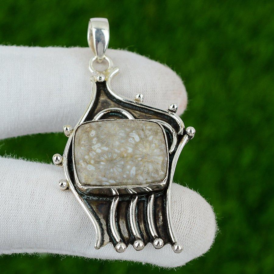 Root Chakra Fossil Coral Stone Bezel Wedding Boho New Pendant Jewelry 925 Silver