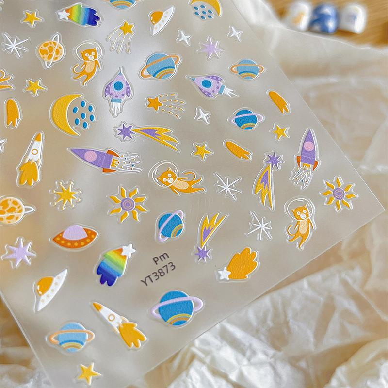 5D Embossed Cute Cartoon Space Cat Asterism Design Nail Art Sticker Decals Self Adhesive Supplies For Women And Girls