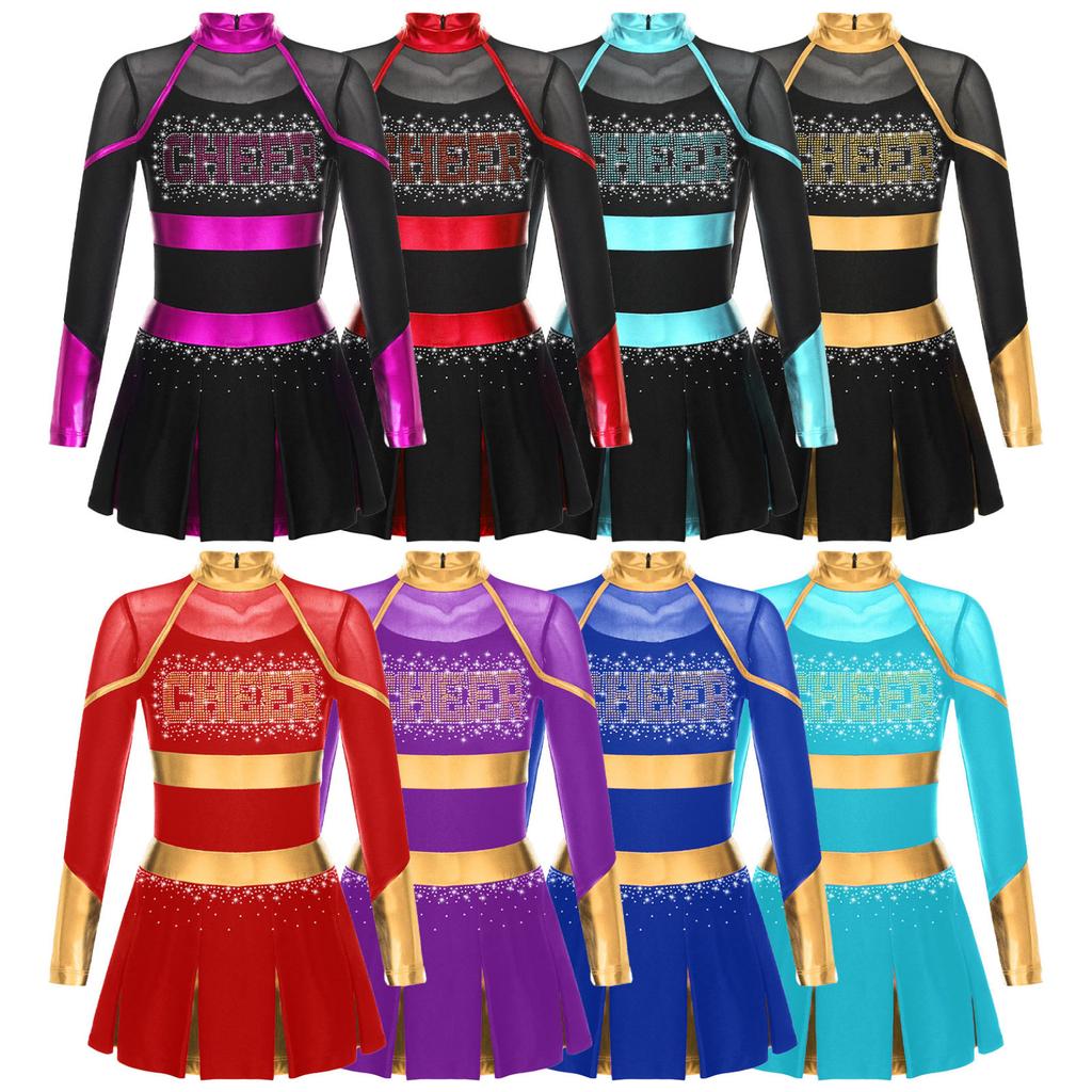 Kids Girls Cheerleading Dance Dress Letter Pattern Shiny Metallic Long Sleeve Pleated Dress