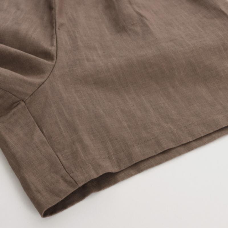 Shop Women Simple Solid Banding Linen Pocket Shorts Brown Pic Wpt 1395