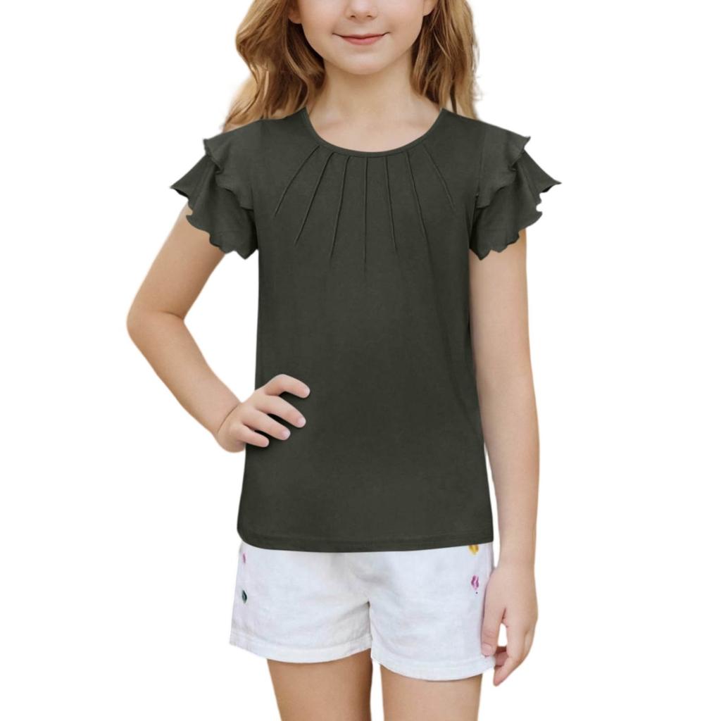 Girls' Ruffled Tee - Solid Color Short Sleeve Casual Top