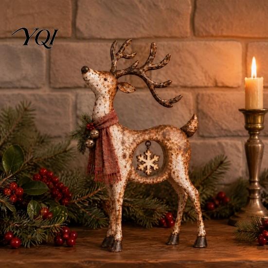 Collectible Reindeer Gifts for Friends Rustic Christmas Figurine, Resin Statue with Hanging Snowflake, Red Farmhouse Home Decorations Scarf And Bell,