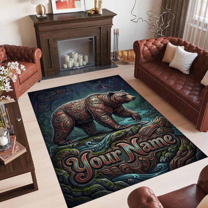 Teddy Bear Theme Crystal Velvet Rug Personalized Custom Name Text Soft Floor Mat Home Decor