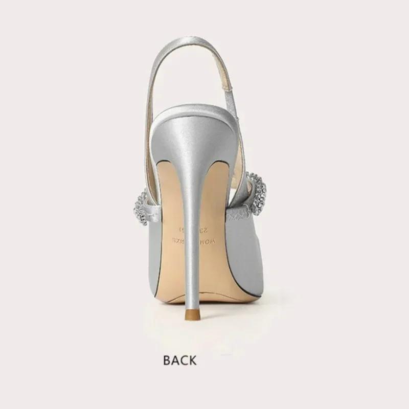 Мода Размер 34 45 Женские бриллиантовые сандалии с закрытым носком 2024 Новые туфли на высоком тонком каблуке с острым носком из овечьей кожи Женские свадебные туфли