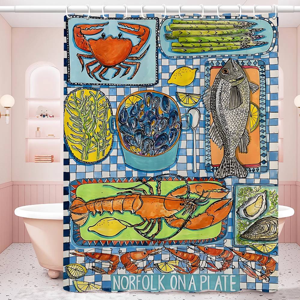 Colorful Sardine Lobster Fish Ocean Bathroom Curtain Classic Anime Fabric Shower Curtain With 12 Hooks Waterproof Bathroom Decor
