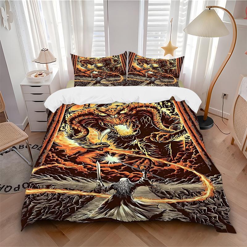 3pcs Dragon vs Wizard Comforter Set with One Quilt Cover and Two Pillowcases (No Core) - Anime Cartoon Design, Polyester Fabric, Perfect for Bedroom a