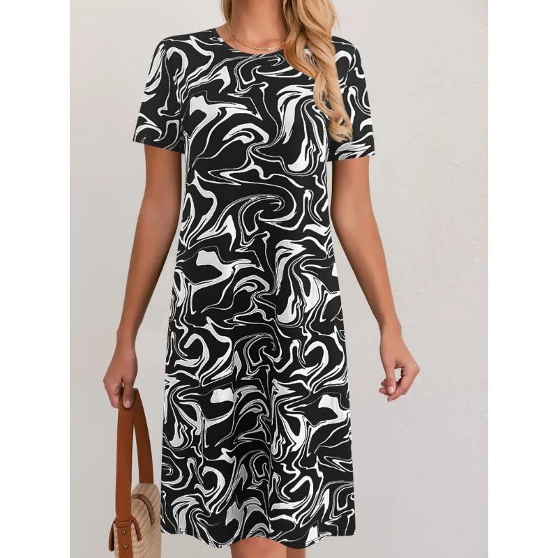Женское платье с принтом, элегантное модное летнее платье свободного кроя с круглым вырезом и короткими рукавами