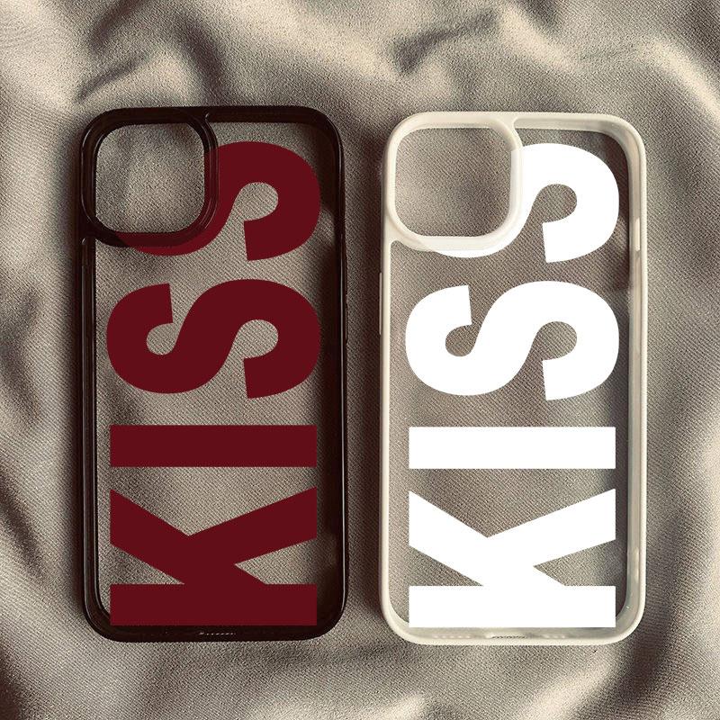 Простой парный чехол с буквами KISS для iPhone 17Air 16 plus 15 14 13 12 11 Pro Max Прозрачный Ударопрочный Черный Розовый Парные Чехлы для Влюбленных