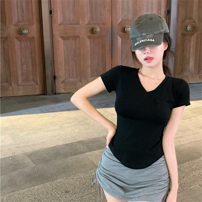 Women Spring Summer Solid Color Short Sleeve T-shirt V-Neck Pocket Slim Irregular Blouses Pullover Base Top M-XXL