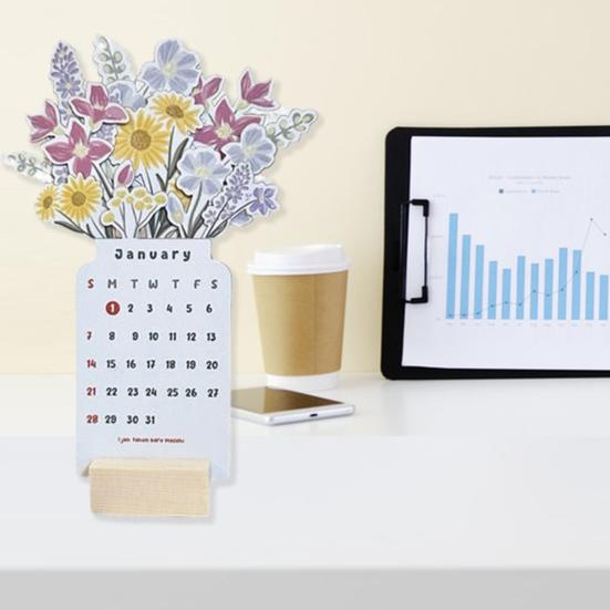 Настольный календарь «Цветущий цветок» на 2024 год с деревянным основанием, тип карты, на 12 месяцев с января по декабрь 2024 года, ежемесячный настольный календарь для дома, офиса и школы, украшение