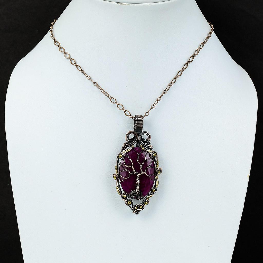 Красивое Древо Жизни Красный Рубин Драгоценный Камень Чистая Медная Проволока Обернутая Подвеска Ручной Работы Ювелирные Изделия