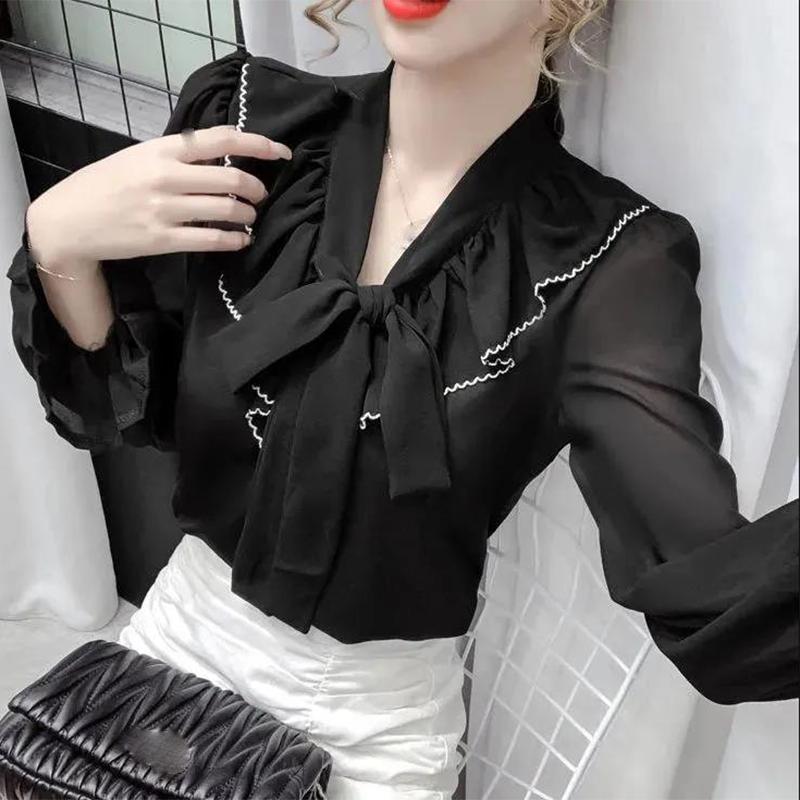 V-neck Chiffon Shirt Women's Long-sleeved Spring and Summer Tops Design Niche Lantern Sleeve Chiffon Shirt