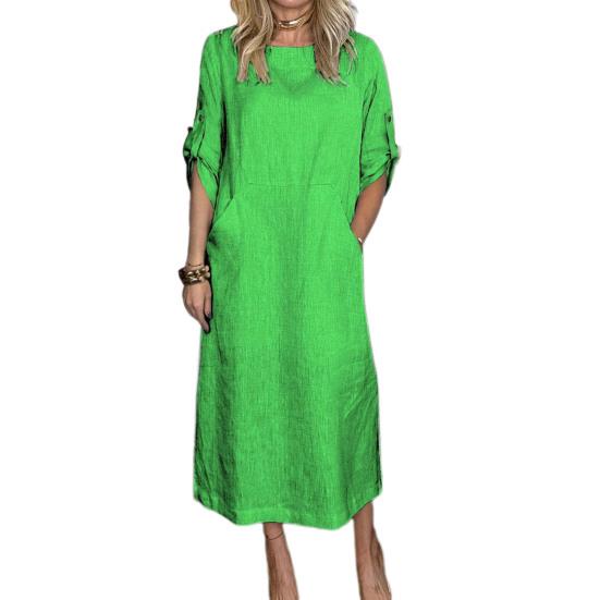 Fall Spring Women Dress Short Sleeve with Cufflink Round Neck Solid Color Loose Big Pocket Commute Daily Wear Midi Dress
