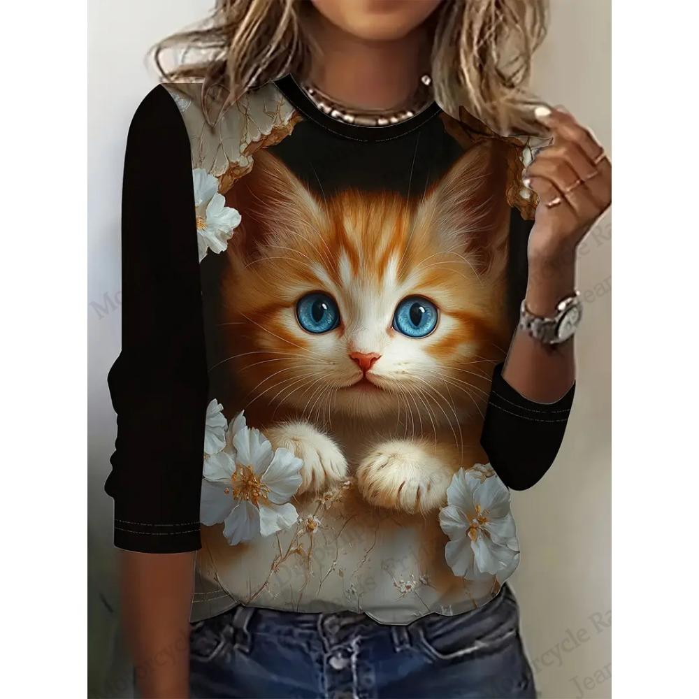 Two Cute Cat Patterns Graphic 3d Print T-Shirt Women's Long Sleeve T-shirt Women Clothing Top Fashion Casual Oversized Tops Tees