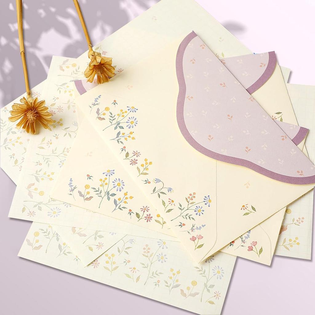 37 Pcs Stationery Paper Envelopes Set Includes 24 Lined Writing Paper & 12 Envelopes with 48 Round Stickers, Cute Bear Flower Cat Letter Writing and