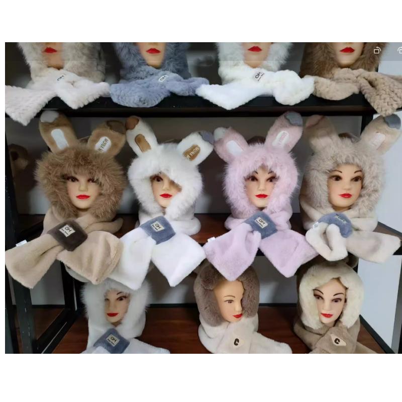 Зимняя симпатичная шапка с шарфом, встроенная шапка, женская утолщенная шапка, зимняя симпатичная плюшевая меховая шапка с шарфом, комплект из двух предметов, теплая ветрозащитная шапка