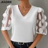 Женские модные повседневные летние весенние однотонные блузки и рубашки с v-образным вырезом и короткими рукавами с принтом