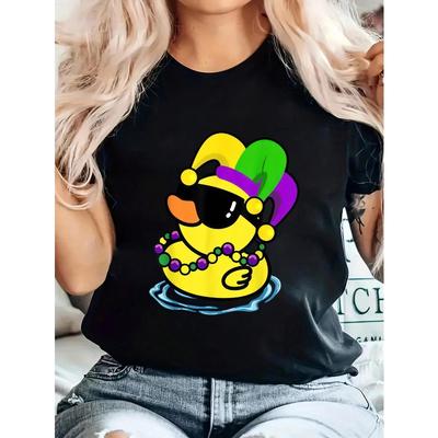 Женская футболка Mardi Gras с принтом утки - Черная футболка с круглым вырезом, ярким карнавальным дизайном, мягкая, с коротким рукавом, машинная стирка,