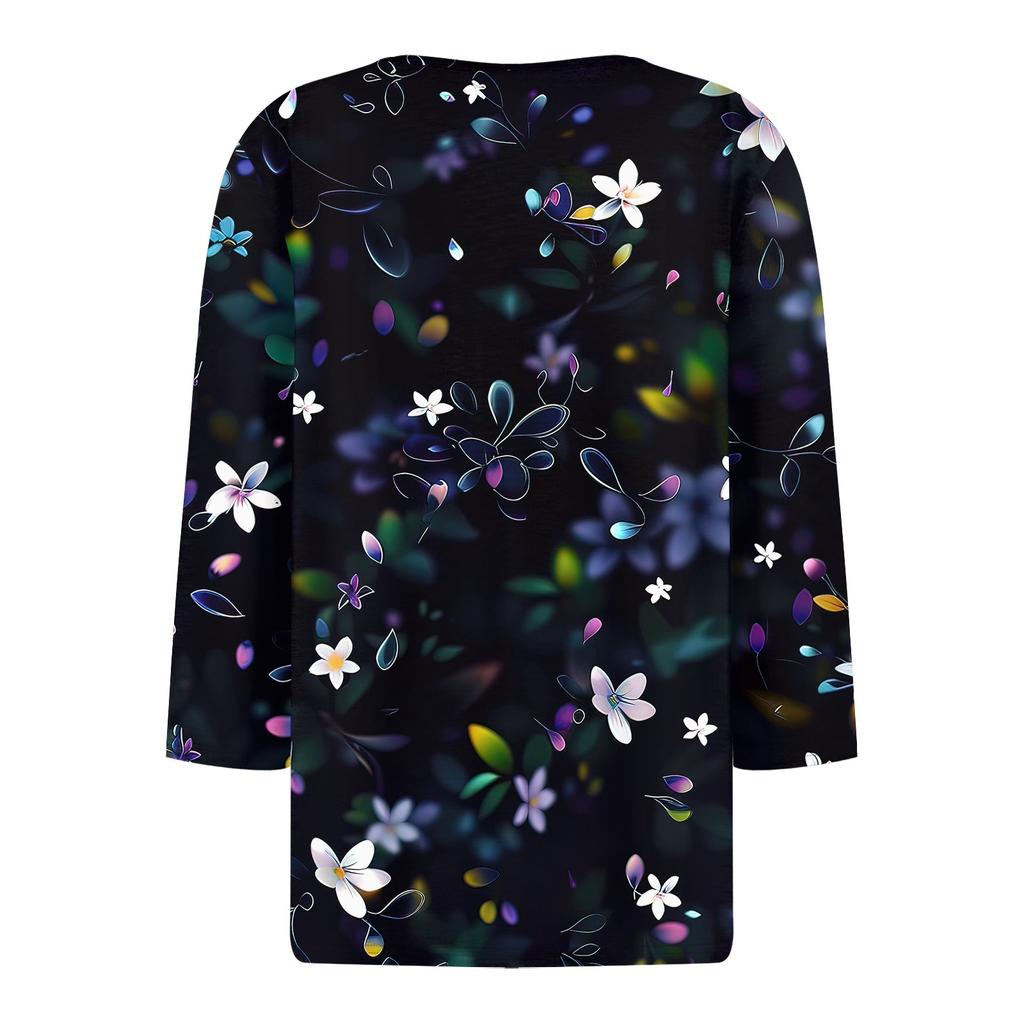 Жен. Футболка С принтом Пуговицы Рукав 3/4 Повседневные Выходные Мода Классический Классический V-образный вырез Обычный Верх