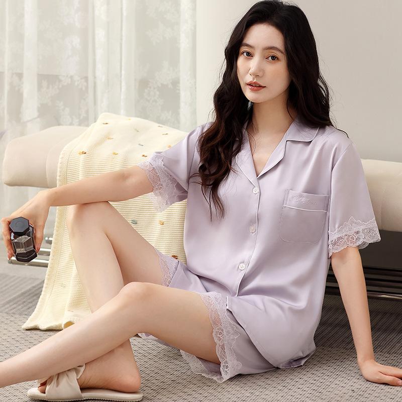 Ice silk pajamas women's summer 1011 new high-end lace short-sleeved shorts women can wear loungewear in summer