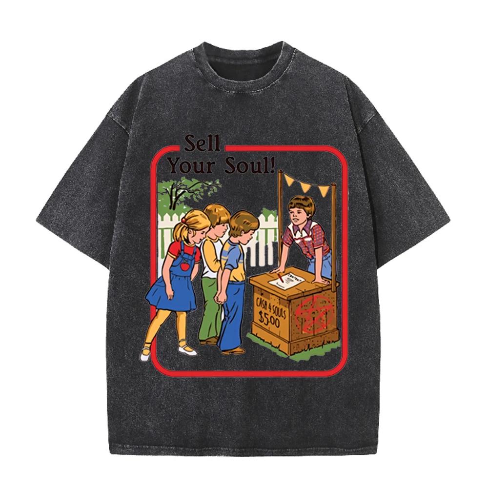 2026 Vintage Retro Kids Stall Funny Dark Humor Graphic Washed T Shirt Spooky Cartoon Casual Oversized Short Sleeve Streetwear Te