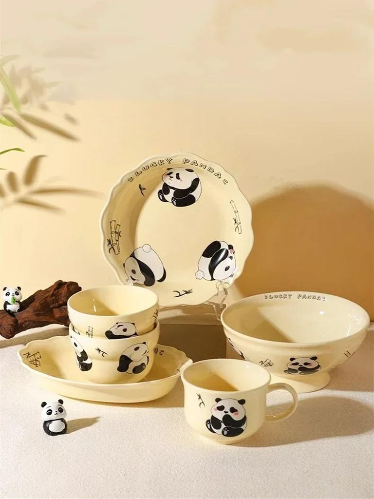 Детская керамическая посуда с изображением панды: салатница, миска для риса, тарелка для обеда и завтрака, чашка для молока, кружка. Милый мультяшный кухонный фарфор.