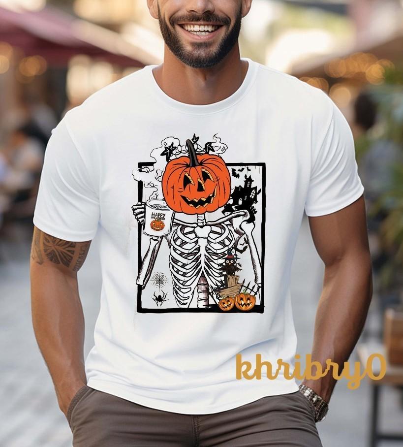 Pumpkin Skeleton Drinking Coffee T-Shirt