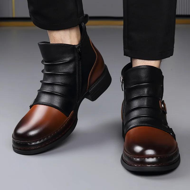 Мужская обувь Осень Зима Ретро Ботильоны Модные Повседневные Ботинки для Мужчин Молния Мотоциклетные Ботинки Новый Дизайнер Теплые Ботинки на Платформе